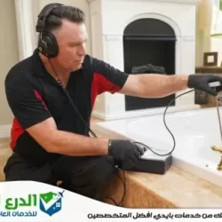 فني شركة الدرع المثالي يستخدم جهاز كشف تسربات المياه في دبي لفحص الحوائط